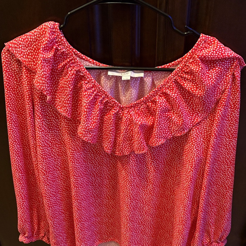 LOFT Red with white hearts Ruffle Blouse